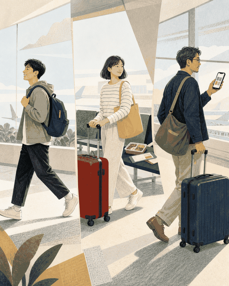 三位旅客分別攜帶手提背包、託運行李與需要彈性安排行程的行李組合