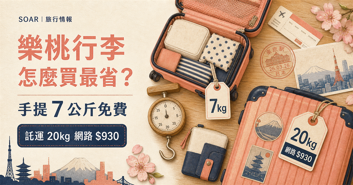 樂桃航空行李怎麼買最省?手提 7 公斤免費,託運 20 公斤網路加購 930 元